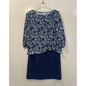 Vintage Good Times Navy Blue Floral Damask Pleated Dress Made in USA Size 11/12
